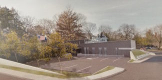 A rendering shows that the new village hall would be placed closer toward the commercial end of town, while the old village hall would remain atop the hill. (Photo courtesy of Narofsky Architecture)