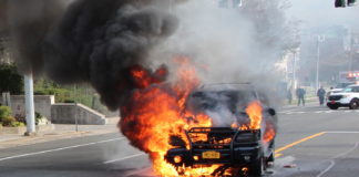 This car fire locked down traffic on Northern Boulevard on Sunday morning. No injuries were reported.