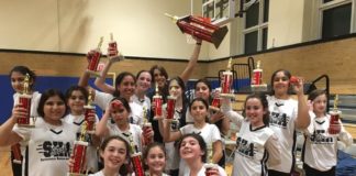 Members of Silverstein Hebrew Academy's Girls Basketball Lady Sharks team hold their championship trophies on the court, celebrating an undefeated season and championship victory. (Photo courtesy of Silverstein Hebrew Academy)
