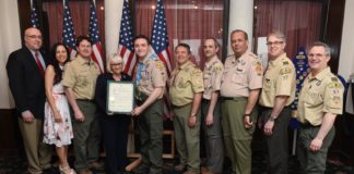 Joseph Cuomo, Jan Cuomo, Lee Decker, Supervisor Judi Bosworth, Jason Cuomo, John Walter, John D’Angelo, Ken Riscica, Mike Knox and Martin Miller at Jason Cuomo’s Eagle Scout Court of Honor Ceremony. (Photo courtesy of the Town of North Hempstead)