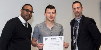 Diego Garcia Guzman of Great Neck is congratulated on being named Student of the Quarter byNassau BOCES Barry Tech Assistant Principals Shaun Sudama and Patrick Dunphy. (Photo courtesy of Nassau BOCES)