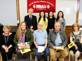 Standing, from left: Tri¬-M Advisor Joseph Rutkowski with Chapter 2605 Co-presidents Keva Li, Elana Xu, and Isabel Yang. Seated, from left: Honorary Lifetime Membership recipients Amy Kempton and Dr. Janine Robinson, Great Neck Public Schools music educators; Neil Saggerson, retired performing and fine arts department head; Bernard Kaplan, retired principal of North High; and Karen Lee, parent booster. (Photo courtesy of Great Neck Public Schools)