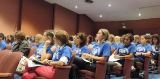 A sea of blue shirts largely filled the auditorium at the Herricks Board of Education meeting, as a show of solidarity with the teachers union. (Photo by Samuel Glasser)
