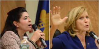 Anna Kaplan and Elaine Phillips defended their respective records on Wednesday night, tackling issues like guns, taxes and one party control. (Photos by Janelle Clausen)