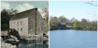 A historical postcard and a photo of the Saddle Rock Grist Mill from afar. (Photos courtesy of Alice Kasten)