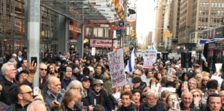 Hundreds demonstrated against the New York Times' publication of an anti-Semitic cartoon on Monday. (Photo courtesy of Meredith Weiss)