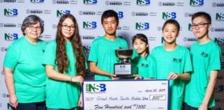 South Middle School’s Science Bowl team members Samantha Zeltser, Richard Zhuang, Erin Wong, Tristan Wan, and Eric Pei are joined by coach Doris Stanick after winning the Cyber Challenge at the 2019 National Science Bowl. (Photo credit: National Science Bowl)