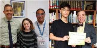 Chloe Heiden, pictured with North High Principal Daniel Holtzman and English teacher Edward Baluyut, and Andrew Sheen, pictured with South High English Department head David Manuel, were recognized for their writing. (Photos courtesy of Great Neck Public Schools)