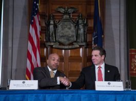 Gov. Andrew Cuomo, right, appears with state Assembly Speaker Carl Heastie in 2015. (Photo from Gov. Andrew Cuomo's office via Flickr)
