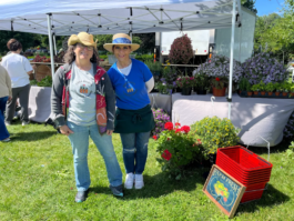 Deep Roots Farmers Market Owner Amy Peters (left) and onsite manager Lesley Rafuse (right) posing in front of a farm stand.