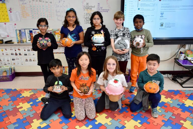 Festive pumpkins on display in third grade classrooms at Manor Oaks in New Hyde Park