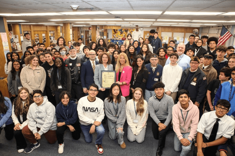 DeSena and Walsh honor New Hyde Park Memorial High School students for $1,500 donation to the town’s veterans donation drive benefiting Northport V.A.