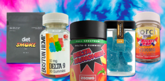 A line up the Strongest Delta 9 Gummies over a tie dye backdrop