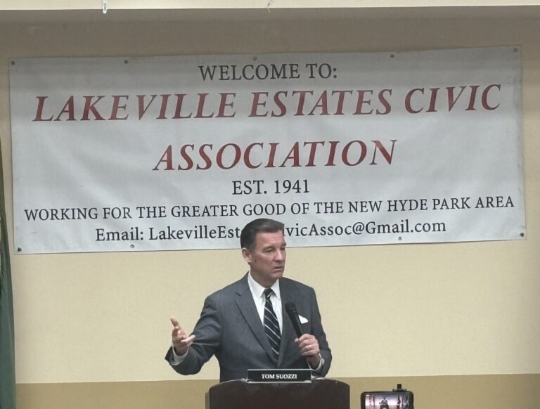 Suozzi speaks with the Lakeville Estates Civic ahead of special election